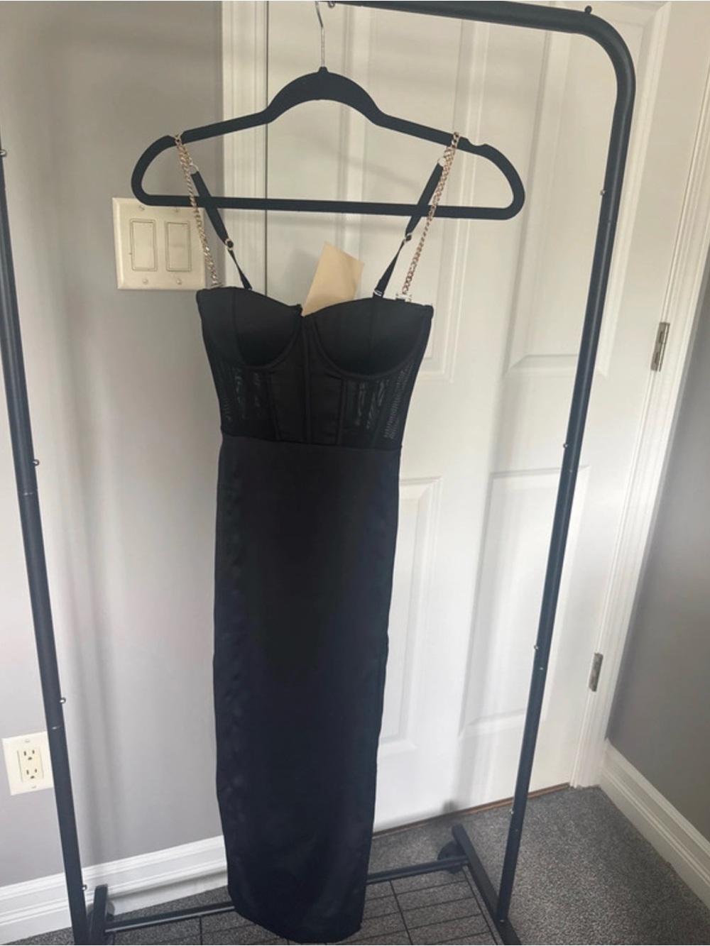 Meshki Black Satin Midi Dress with Gold Chain Straps